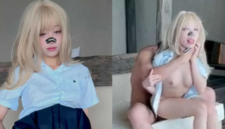 金发学生妹被抓脖操穴，两眼发白看起来到达高潮了