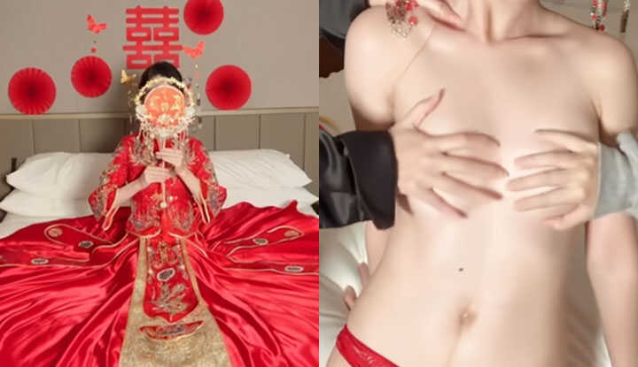 绿帽老婆在新婚夜享受多人狂欢，在婚房穿着婚纱玩闹真刺激