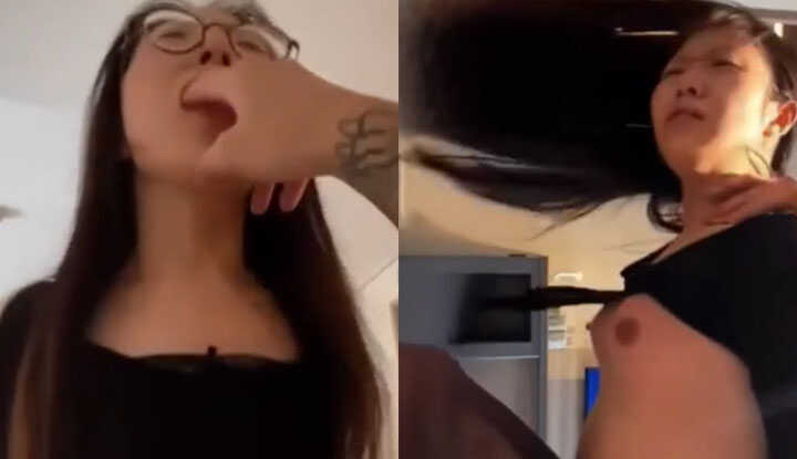 眼镜骚屄被肌肉男撕开黑丝袜，暴力插入持续高潮呻吟