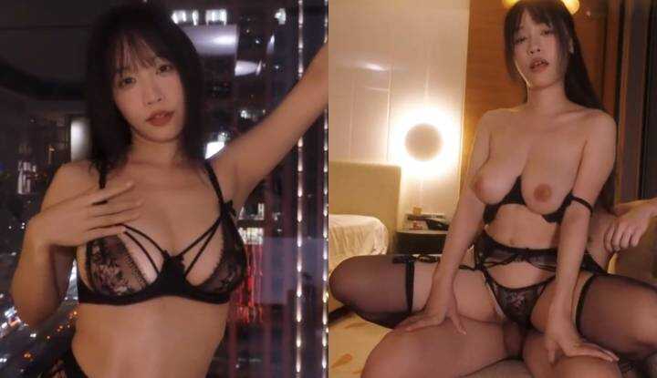 贴著饭店落地窗性爱，享受被对面大楼的人看，真的好刺激!