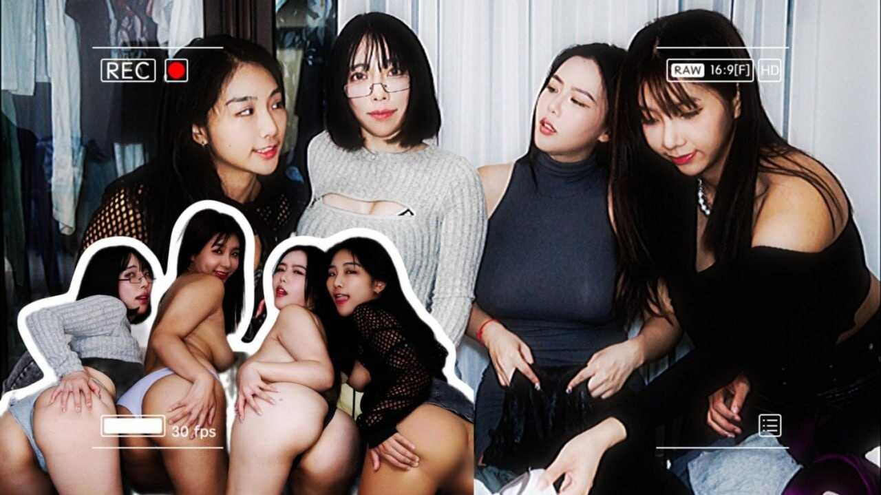 女孩们在做爱时互相爱抚敏感地带！我舔她的私密处同时也被其他人舔