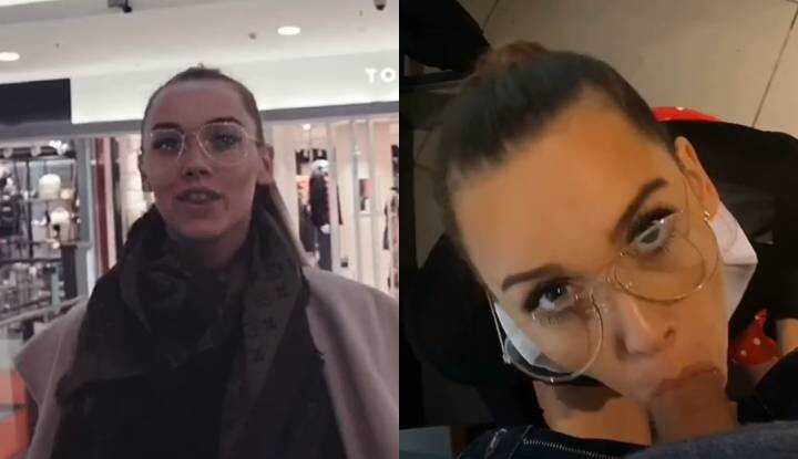 Public Blowjob in a Clothing Store. With Glasses Swallows Cum.
