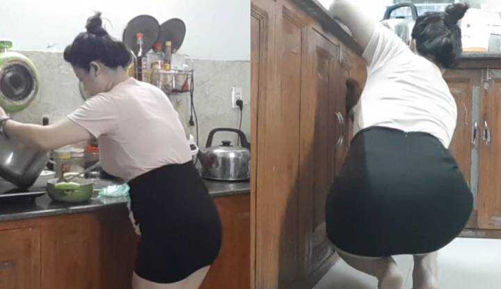 ladyvietnam在忙着清扫厨房，不要一直偷看我的屁股啦！