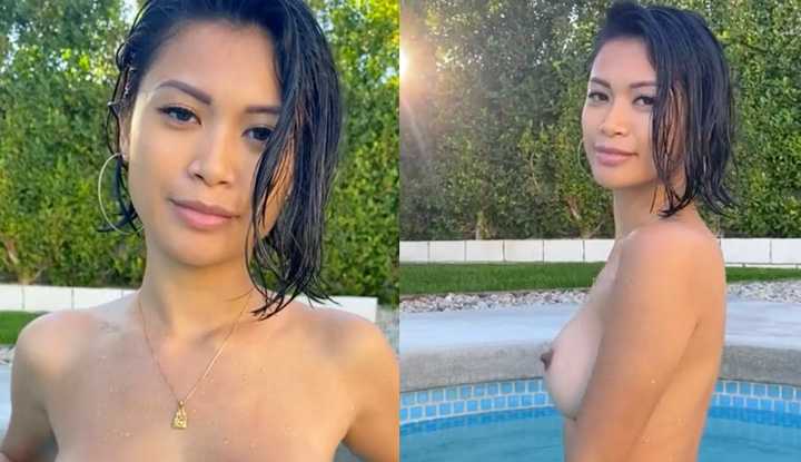 在露天泳池大胆露奶