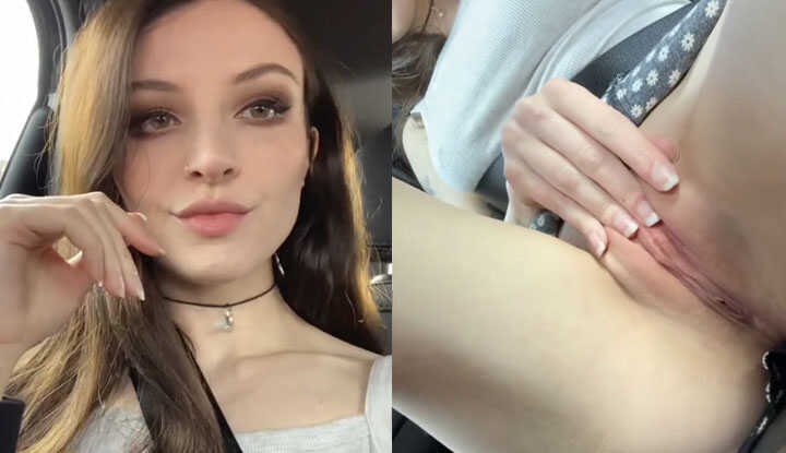 性感美女竟然拥有暴露癖，在车上露出无毛穴来挖