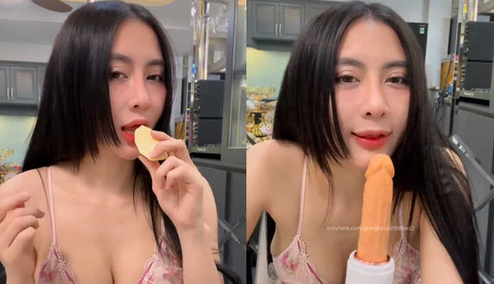 吃完水果准备吃肉棒，电动肉棒来回抽插小穴