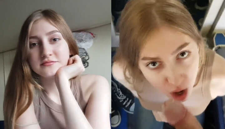 一个饥渴的女学生在卧铺火车上度假，被同房室友射满脸