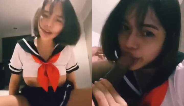 [泰国]  清纯学生妹约炮自拍，肉棒舔湿再主动上位摇好骚