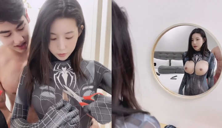 [泰国]  蜘蛛人骚妹，剪破紧身衣露出白皙巨乳
