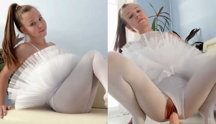 [欧美]  Fansly 芭蕾舞者 tiny_angel～身穿战袍芭蕾舞衣，撕开露出小穴骑假屌