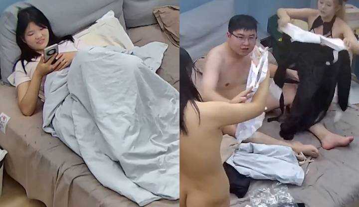 酒店偷拍实录～眼镜男酒店双飞两美女，情趣内衣激情啪啪！