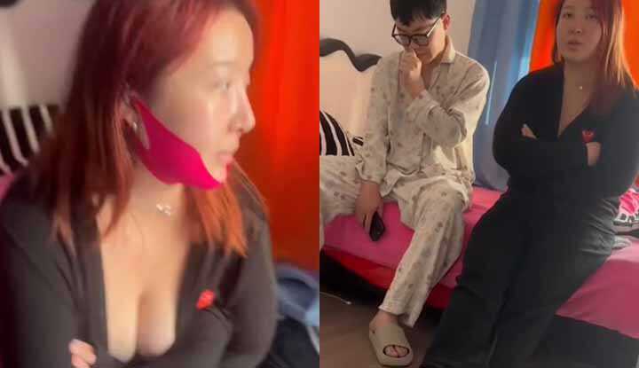 真实捉奸实录！老婆阳台藏奸夫被抓包 翘臀一扭还敢瞪眼 气得老公想扇飞她那骚脸！