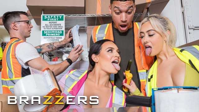 BRAZZERS - 好色的美女Chloe Surreal和Lexi Samplee在热闹的仓库里吸吮同事的阴茎